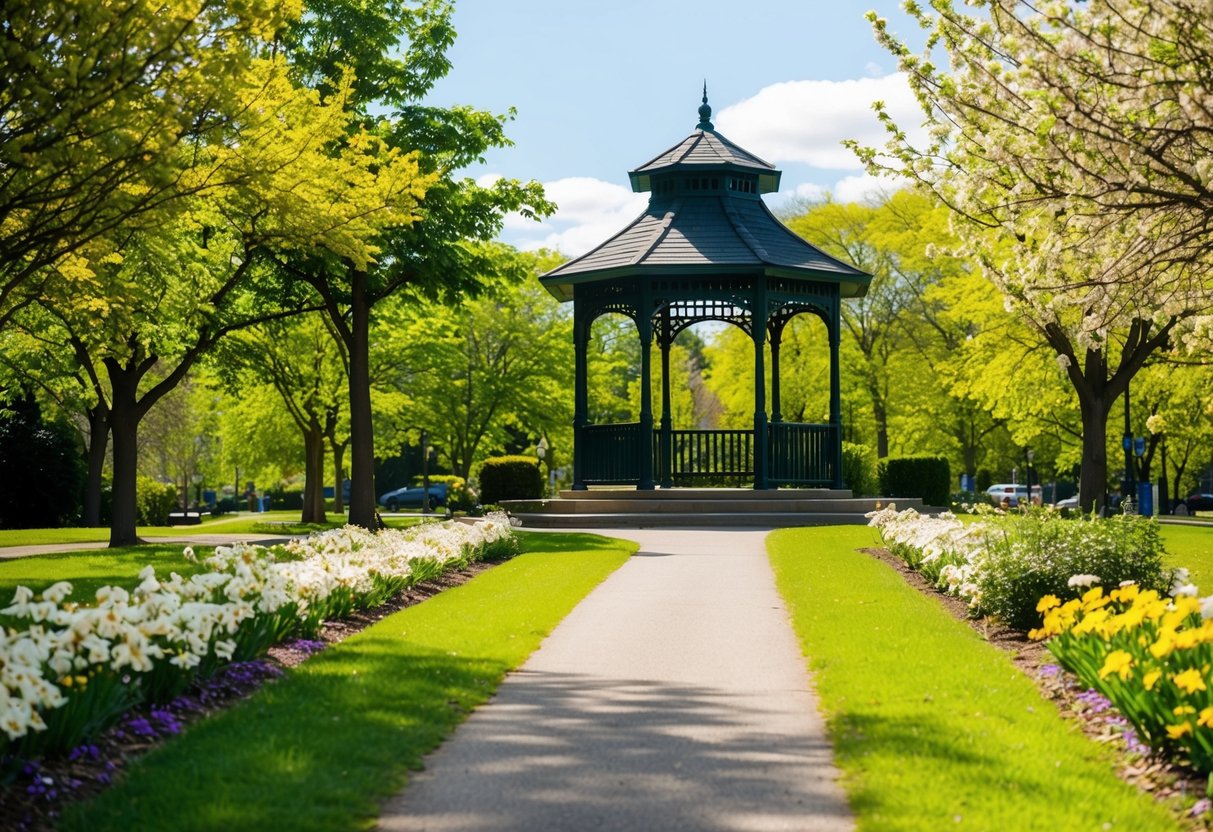 A sunny park with a path leading to a picturesque gazebo, surrounded by blooming flowers and lush greenery