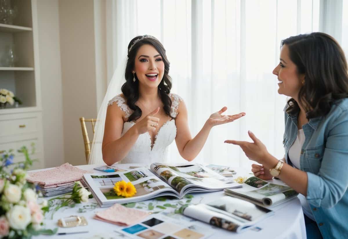 A bride sits at a table covered in wedding magazines, surrounded by fabric swatches and flower samples. She gestures excitedly as a friend listens and offers suggestions