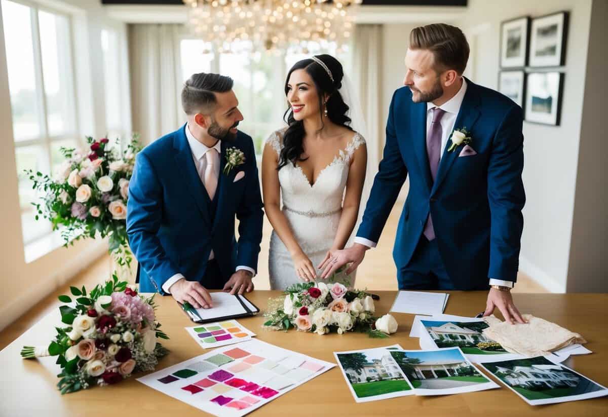 A bride and groom meeting with a wedding planner, surrounded by samples of floral arrangements, fabric swatches, and photos of venue options