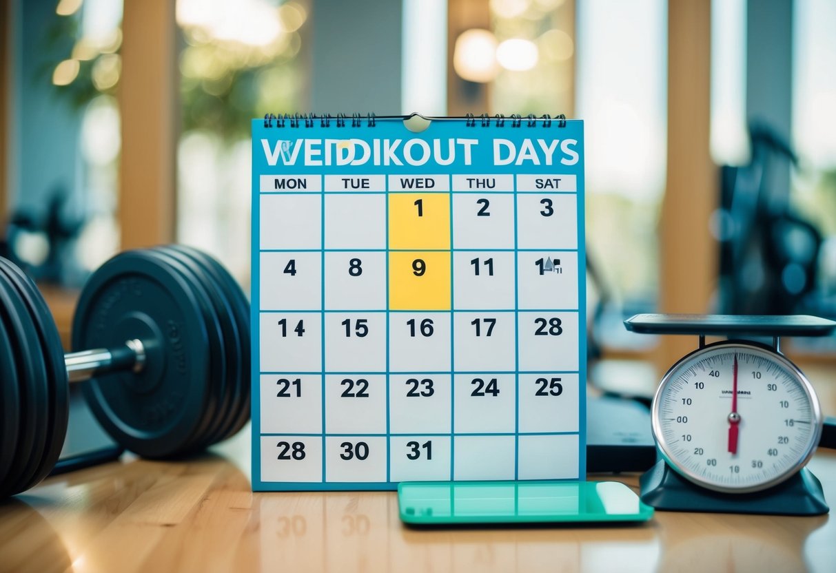 A calendar with highlighted workout days leading up to a wedding date, surrounded by fitness equipment and a scale showing gradual progress