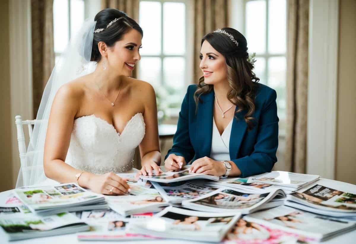 A bride and her friend sit at a table covered in wedding magazines, discussing and planning pre-wedding events