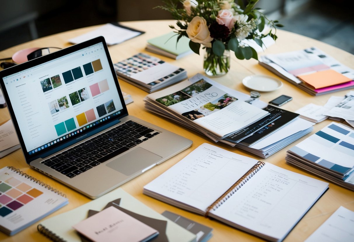 A table covered in wedding magazines, swatches, and a notebook filled with lists and sketches. A laptop open to a wedding planning website