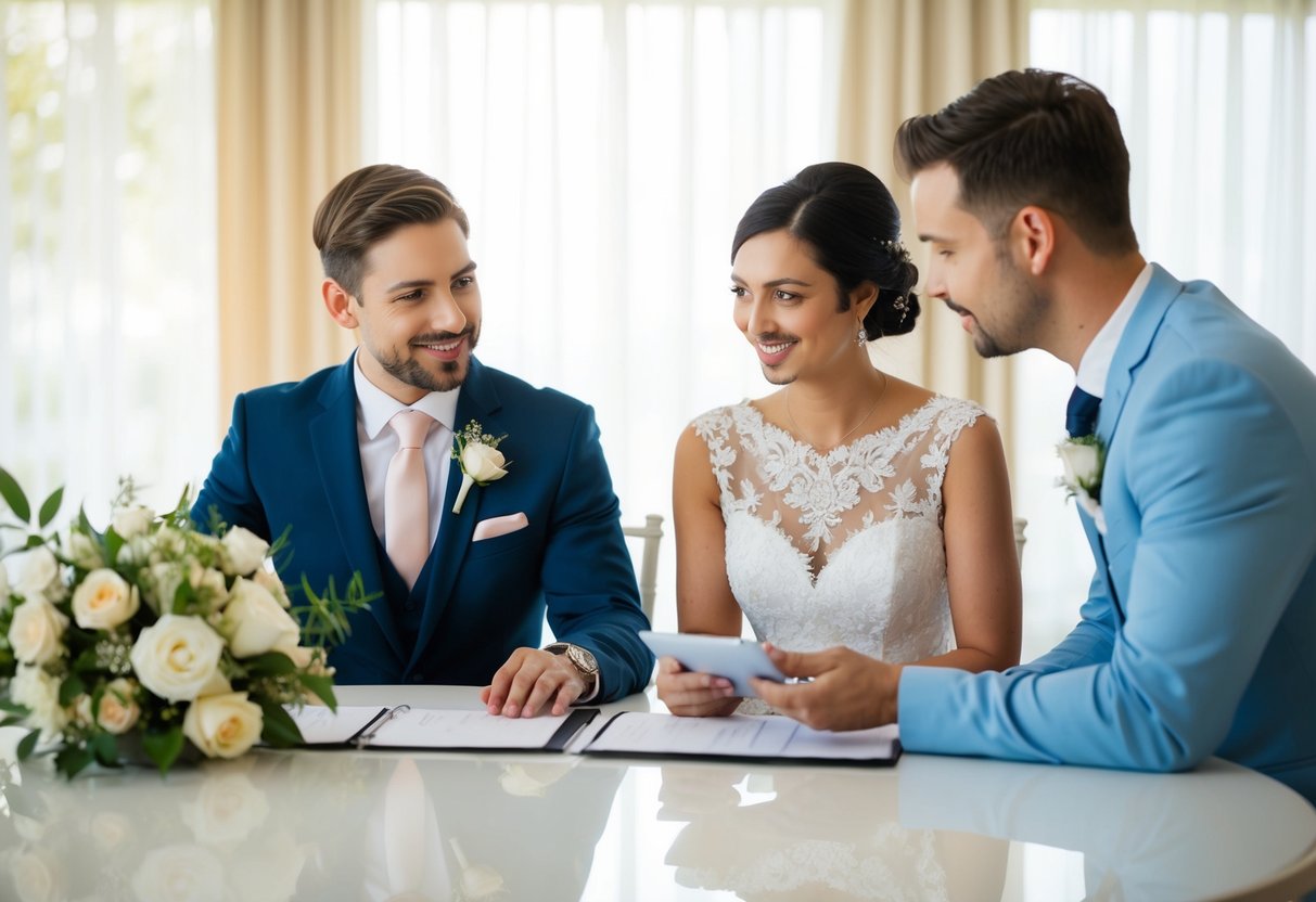 A couple seated at a table, discussing wedding plans with a wedding planner. The planner is showing them a calendar and discussing available dates