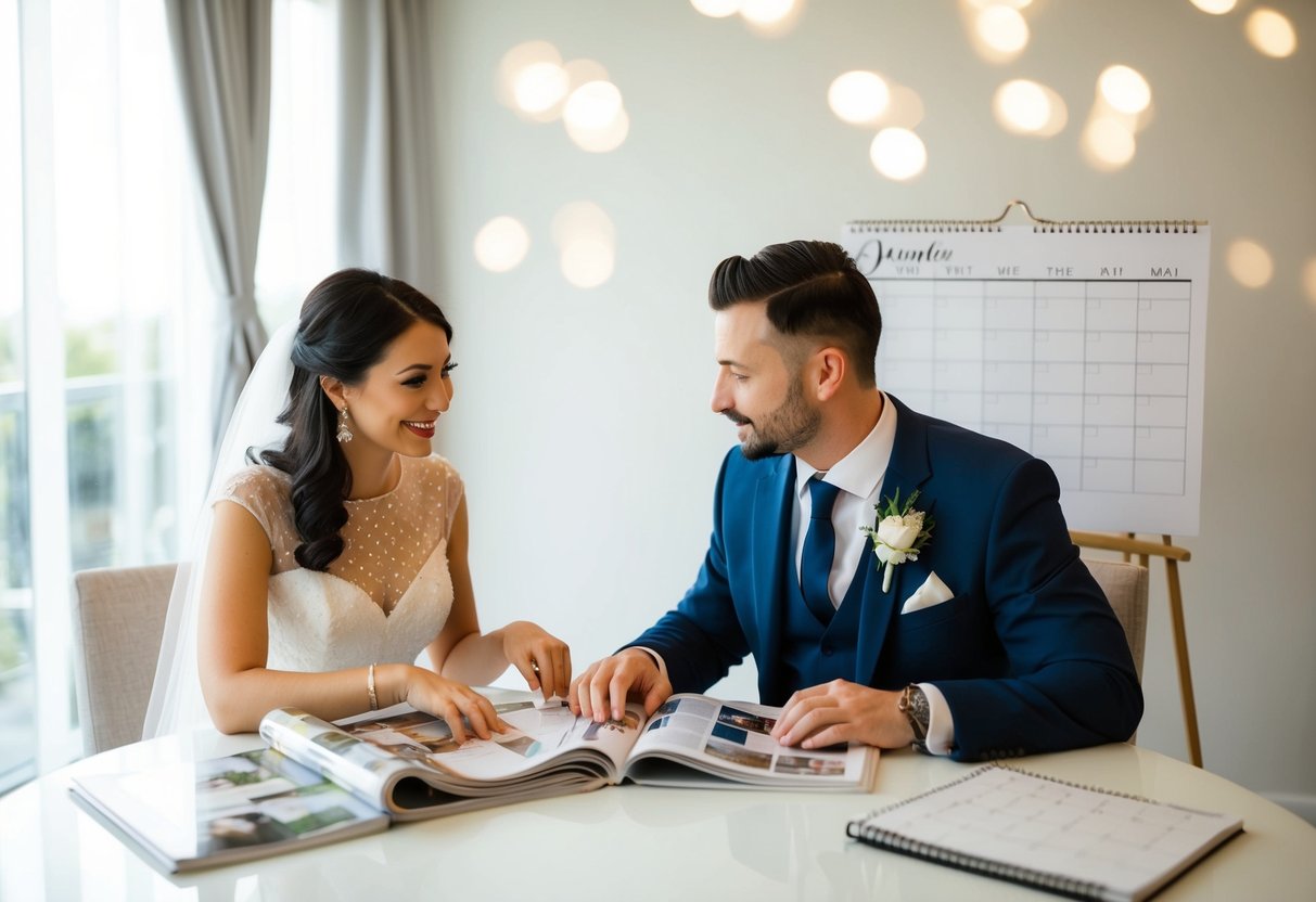 A couple sits at a table, surrounded by wedding magazines and a calendar. They are discussing and planning their wedding timeline