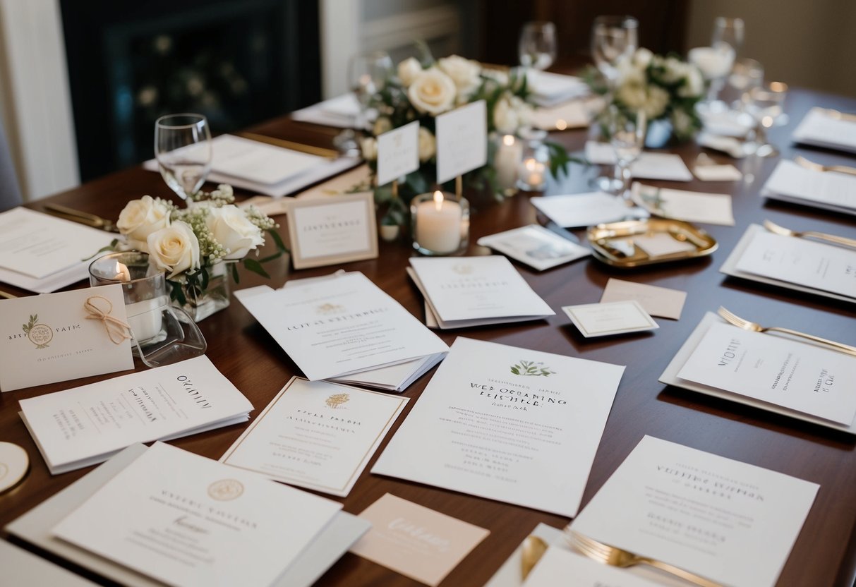 A table scattered with wedding invitations, vendor brochures, and registry items