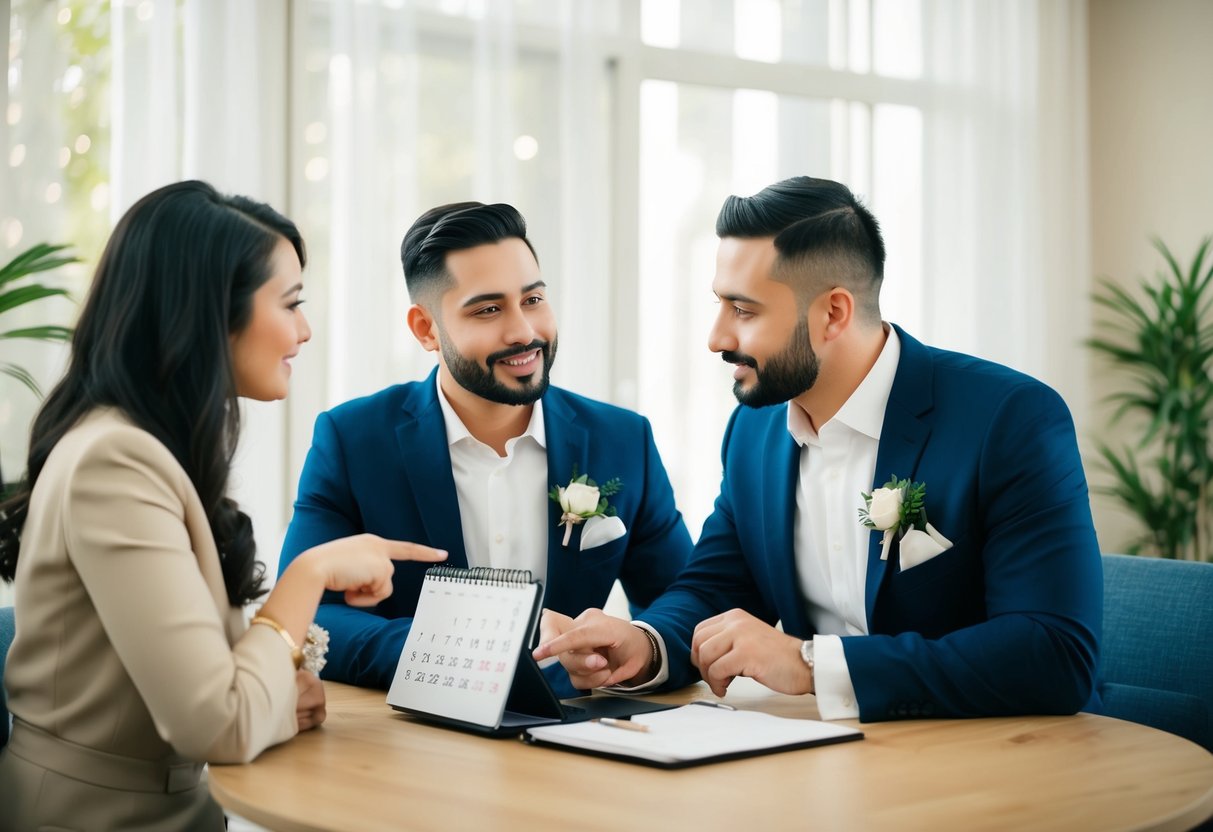 A couple sitting at a table, discussing with a wedding planner. The planner holds a calendar, pointing to a date