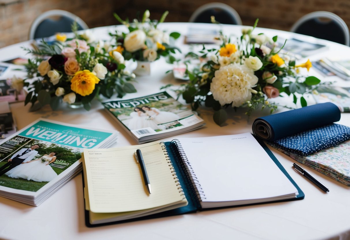 A table covered in wedding magazines, flowers, and fabric swatches, with a notebook and pen ready for planning