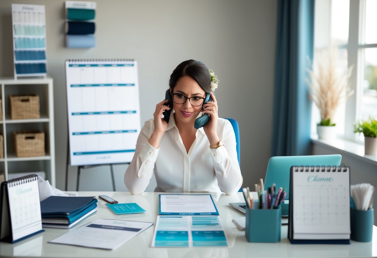 A wedding planner sits at a desk, surrounded by calendars, contracts, and fabric swatches. They are on the phone, finalizing details for an upcoming wedding
