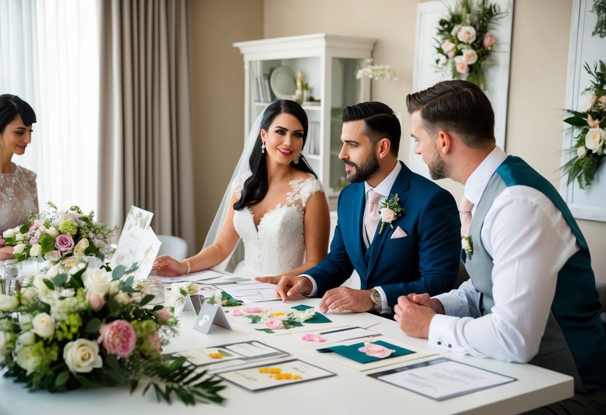 A bride and groom sit at a table with a wedding planner, discussing details and looking at samples of flowers, decorations, and invitations