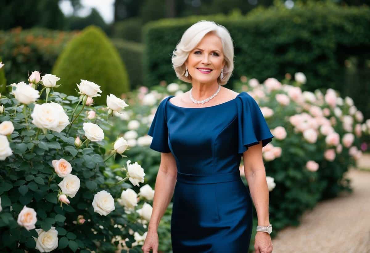 A mother of the bride wearing a deep navy blue dress, standing in a garden filled with blooming white and blush pink roses