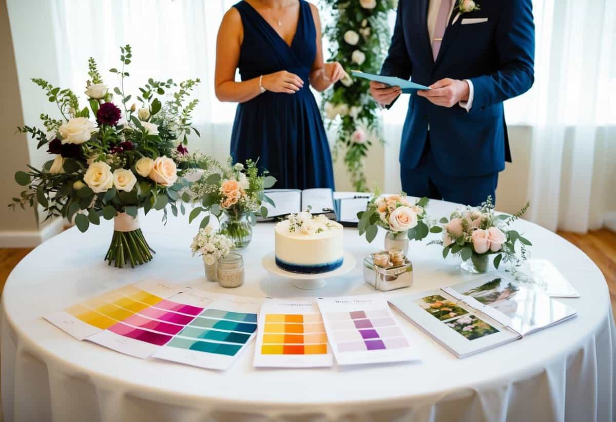 A table with a white tablecloth holds a variety of wedding planning materials such as floral arrangements, color swatches, and cake samples. A couple and a wedding planner are discussing details