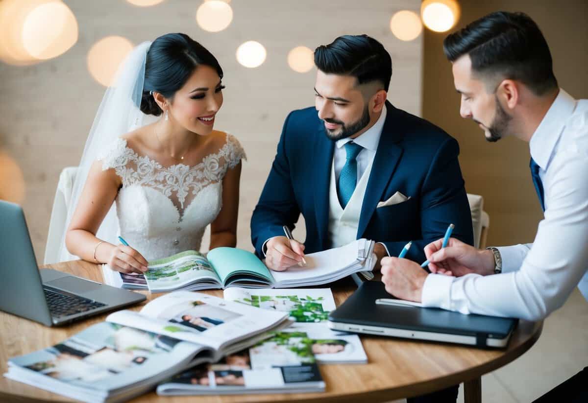 A table with wedding magazines, notebooks, and a laptop. A couple and a wedding planner discuss details and make notes