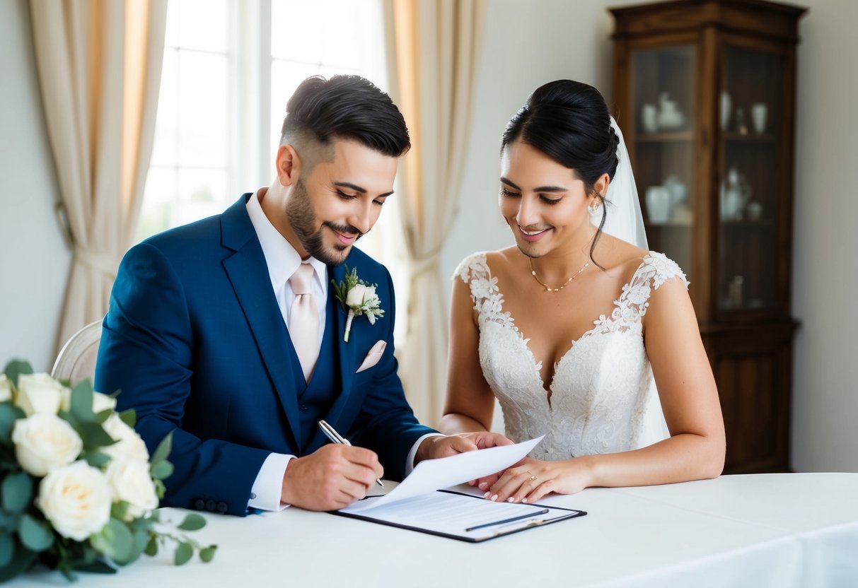 A bride and groom sitting at a table with a wedding planner, reviewing and signing a contract
