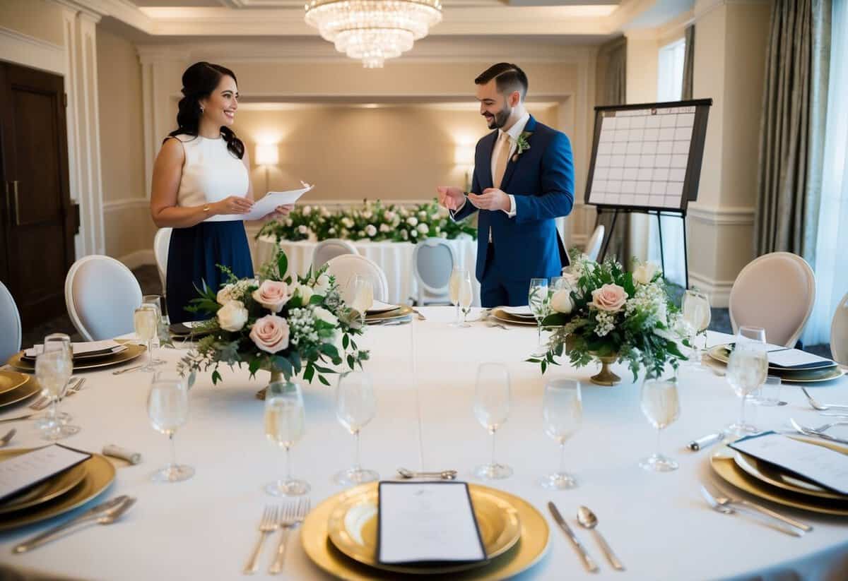 A wedding planning meeting: A table with seating arrangements, floral centerpieces, and a layout of the venue. A planner and couple discuss details
