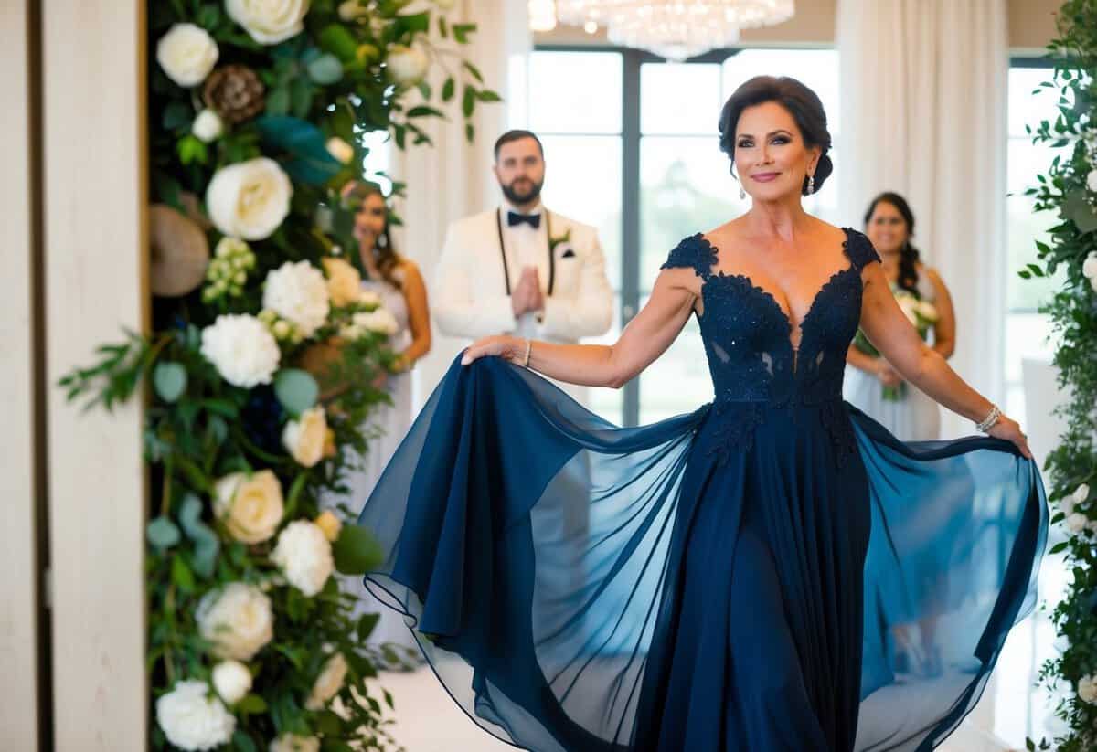 A mother of the bride in a flowing gown, surrounded by a mix of traditional and modern wedding decor, wearing a sophisticated and elegant shade of deep navy blue