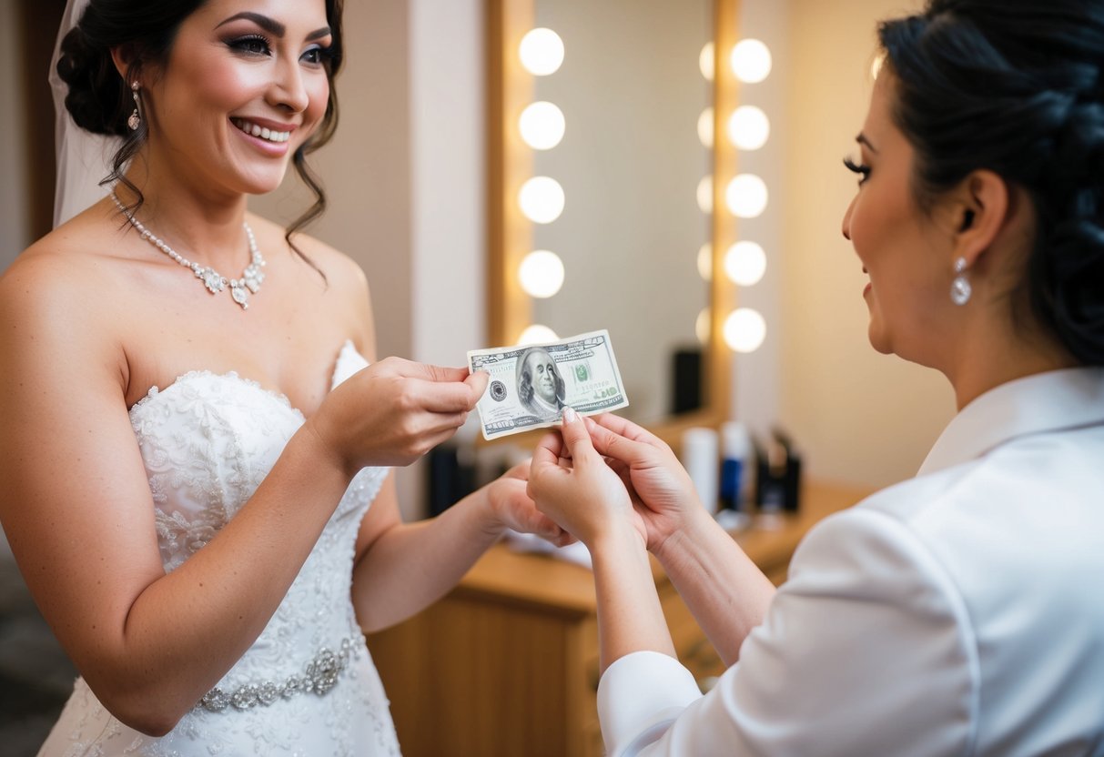 A bride placing money into a small envelope and handing it to a makeup artist after her wedding