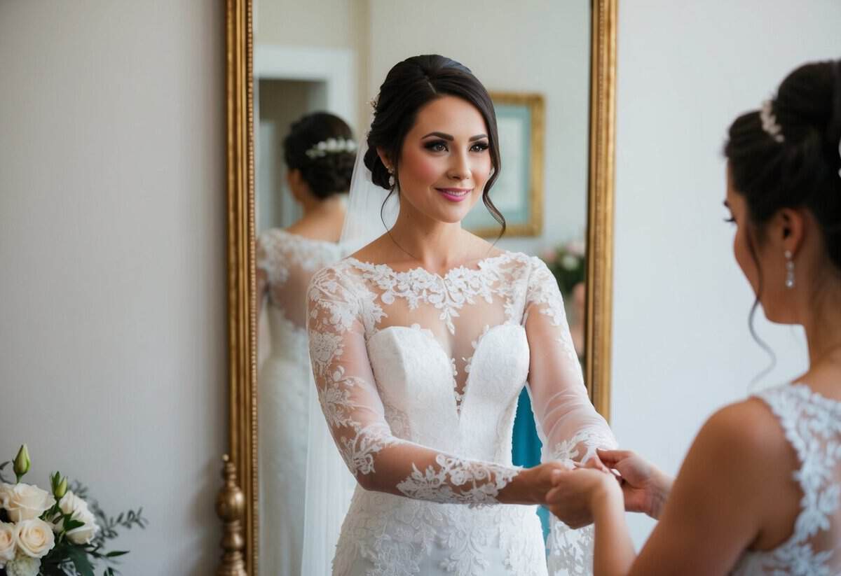 A bride stands in front of a mirror, draping lace fabric over her arms to create delicate, sheer sleeves for her sleeveless wedding dress