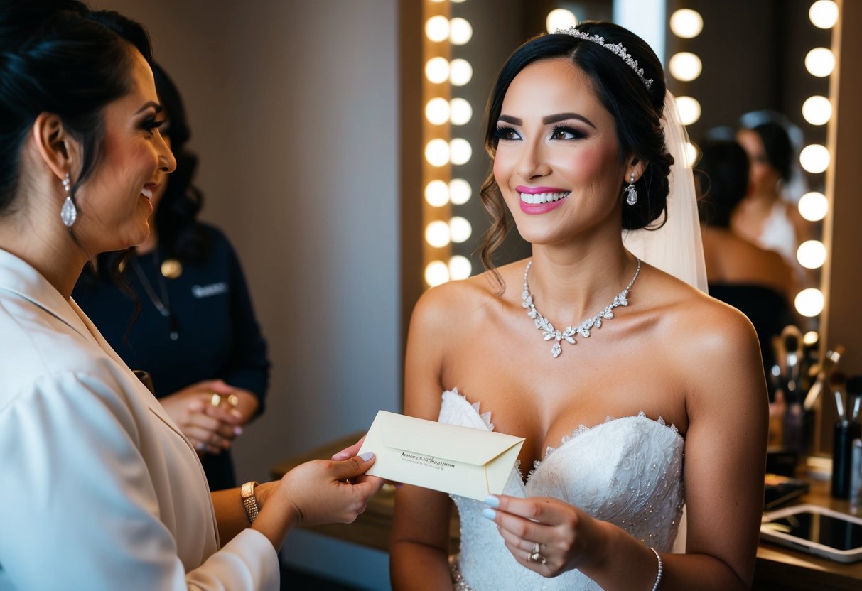 A bride holding a cash envelope, smiling at her makeup artist