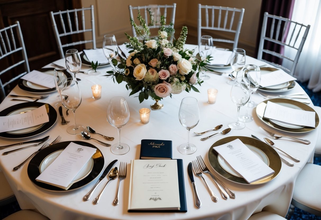 A table set with elegant place settings, a bouquet of flowers, and a guest book, surrounded by chairs arranged in a semi-circle