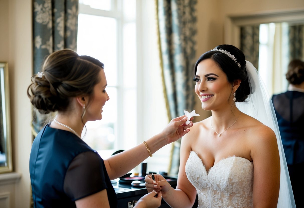 A bride handing a tip to a makeup artist in a UK wedding setting