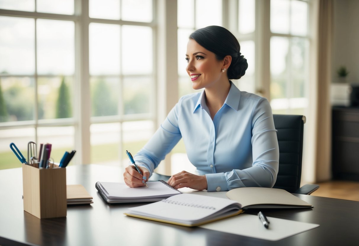 A wedding planner sits at a desk with a calendar, notebook, and pen, brainstorming ideas for an initial consultation