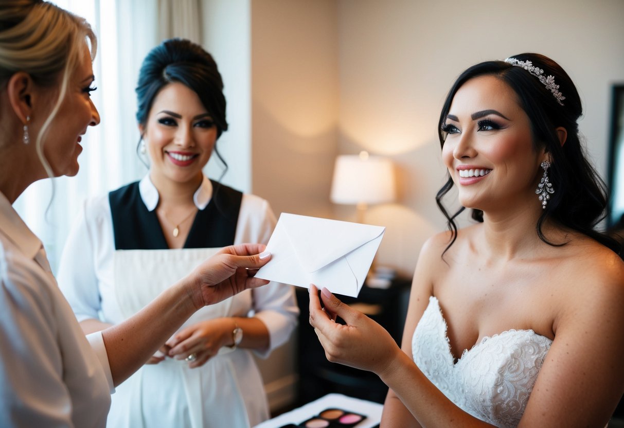 A bride handing an envelope to a makeup artist with a smile