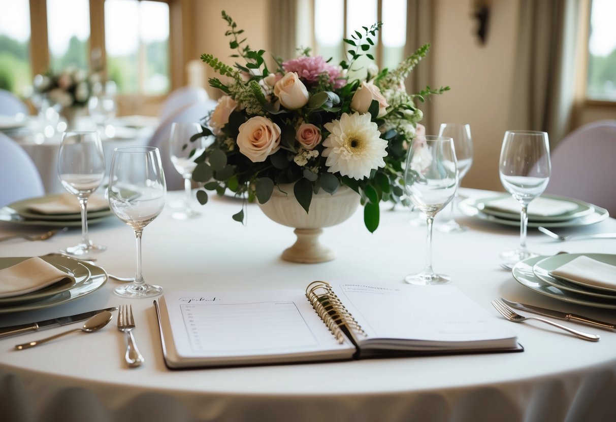 A table set with elegant dinnerware, floral centerpieces, and a wedding planner's notebook open to a fresh page