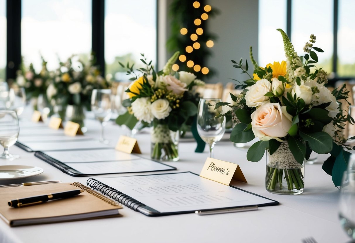 A table set with wedding decor, seating plan, and floral arrangements. A planner's notebook and pen sit ready for finalizing details