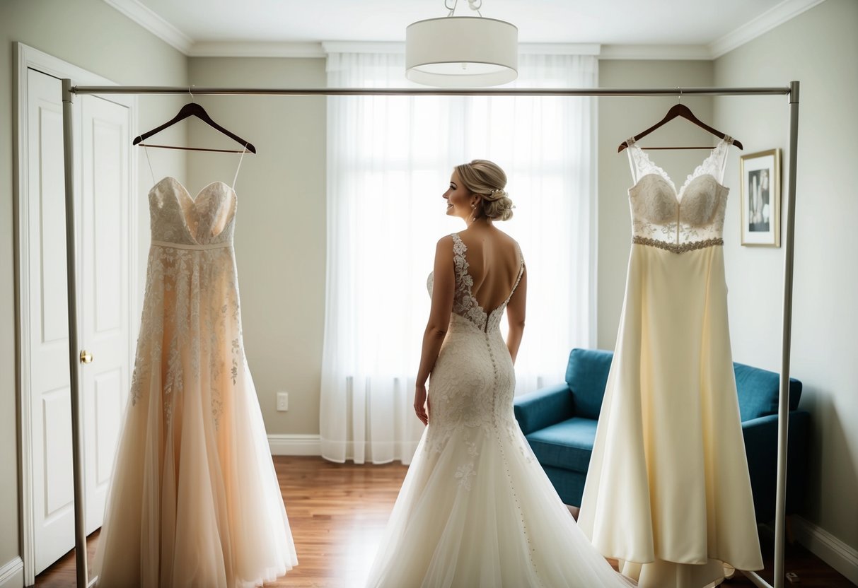 A bride stands in front of a full-length mirror, contemplating two different wedding outfits hanging on a rack. The room is filled with soft natural light