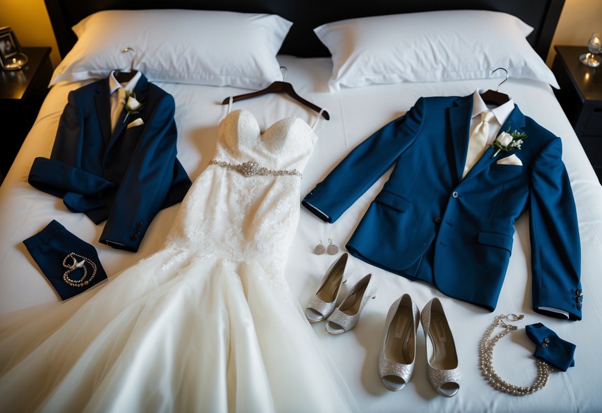 A bride's wedding dress and groom's suit laid out on a bed, surrounded by shoes, jewelry, and accessories