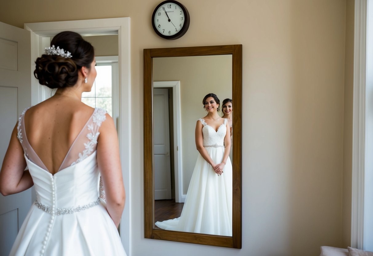 A bride stands in front of a mirror, contemplating a second outfit for her wedding day. A clock on the wall shows the time