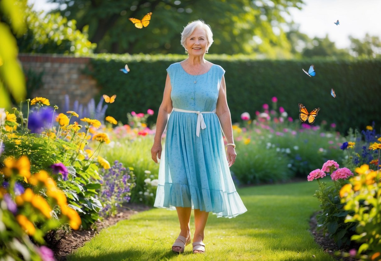 A 65-year-old woman stands in a sunlit garden, wearing a flowing dress above the knee, surrounded by colorful flowers and butterflies
