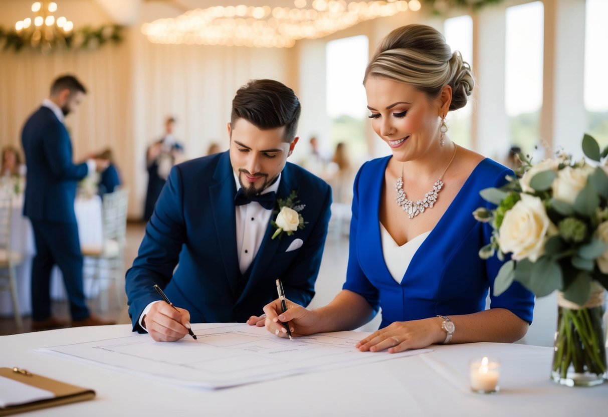 A wedding designer is called a wedding planner. The scene could depict a planner sketching out a floor plan for a wedding venue