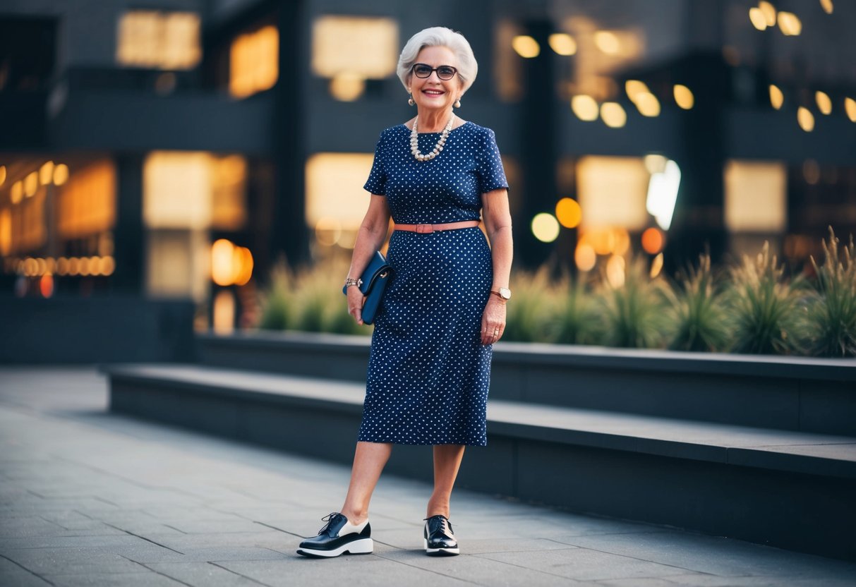 A 65-year-old woman confidently wears a knee-length dress, styled with modern accessories and trendy footwear