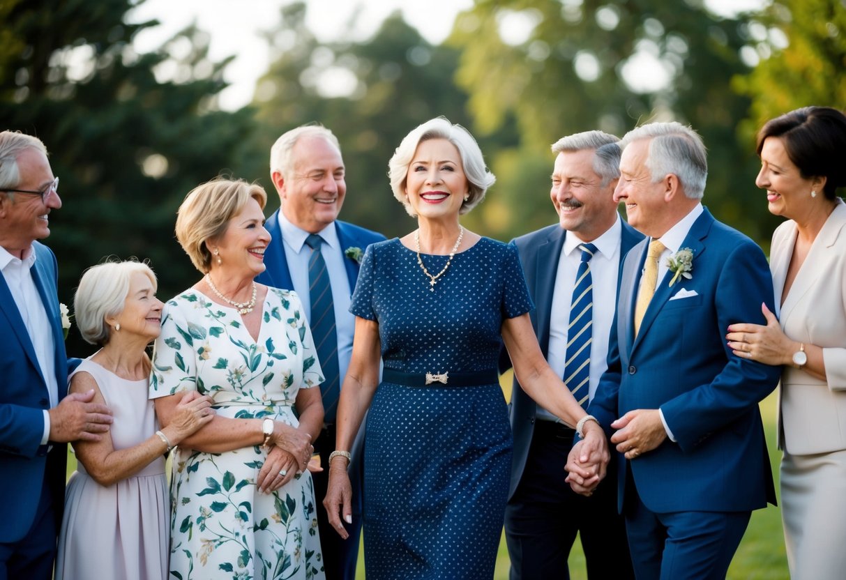 A 65-year-old woman confidently wears a knee-length dress, surrounded by supportive friends and family, exuding self-assurance and happiness