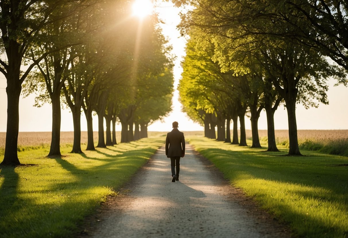 A lone figure walks down a tree-lined path towards a sunlit clearing