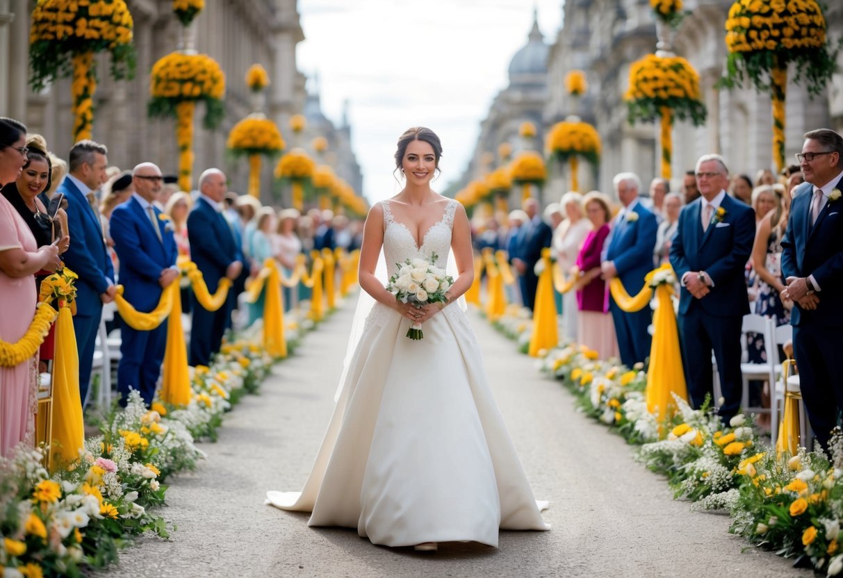 A lone bride walks through a grand, ornate procession route lined with spectators and adorned with flowers and banners