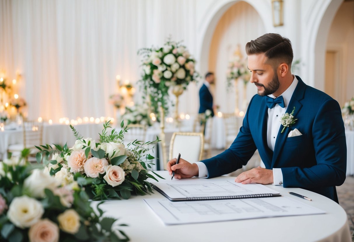 A wedding designer is called a "wedding architect" in the industry. An illustrator could recreate a scene of a wedding architect sketching out designs for a grand wedding venue, complete with floral arrangements and intricate decor