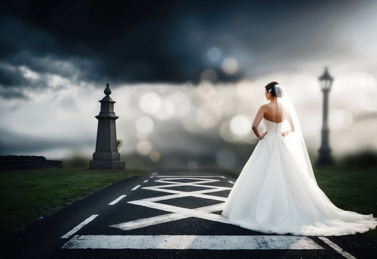 A bride stands at a crossroads, one path leading into darkness and the other into light. She hesitates before choosing her own path