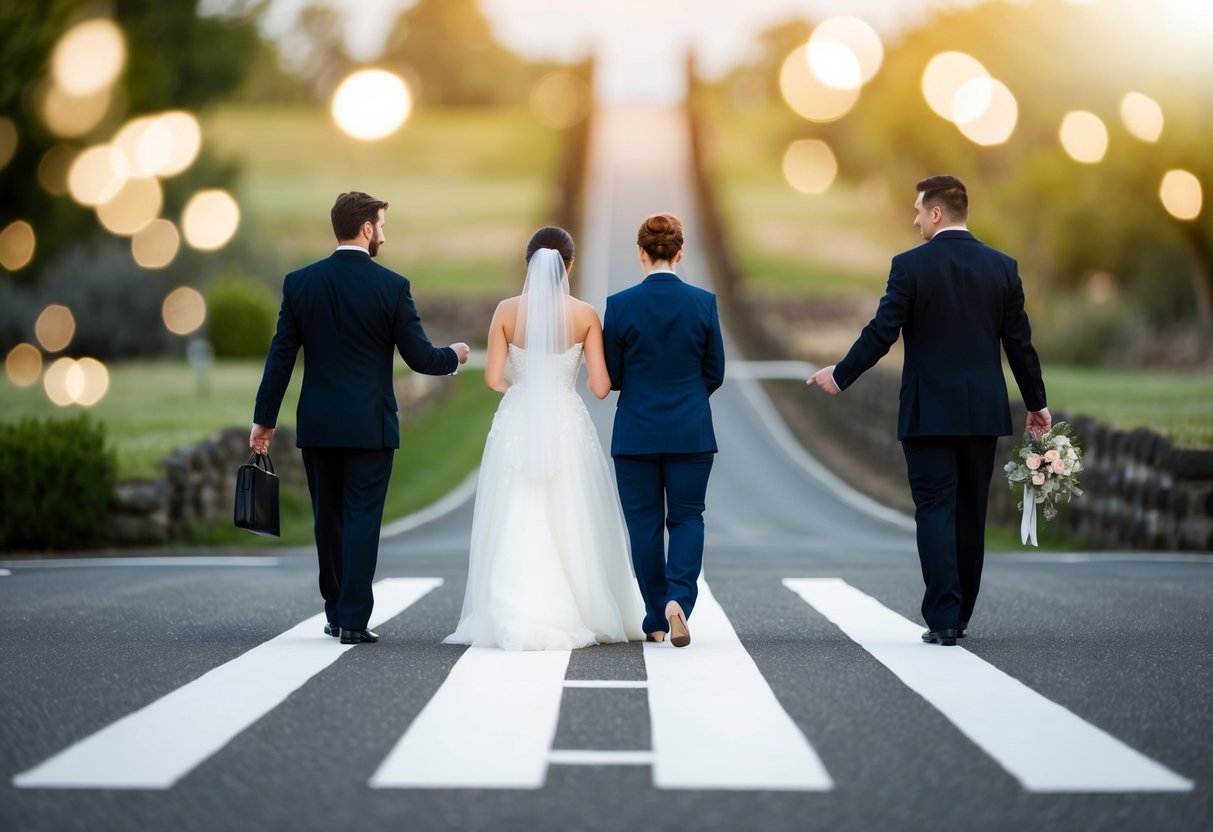 A wedding planner stands at a crossroads, one path leading to the bride walking alone, the other to her being escorted