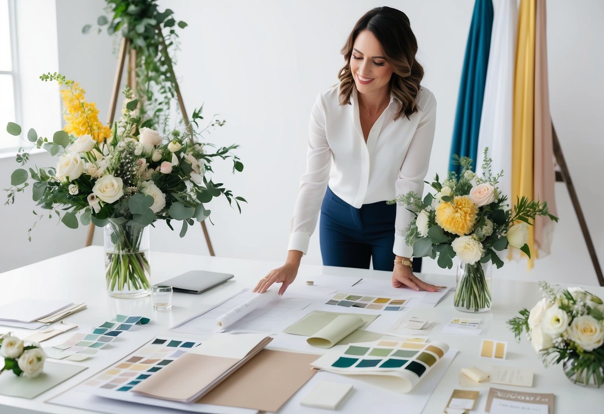 A wedding designer surrounded by mood boards, fabric swatches, and floral arrangements in a bright studio
