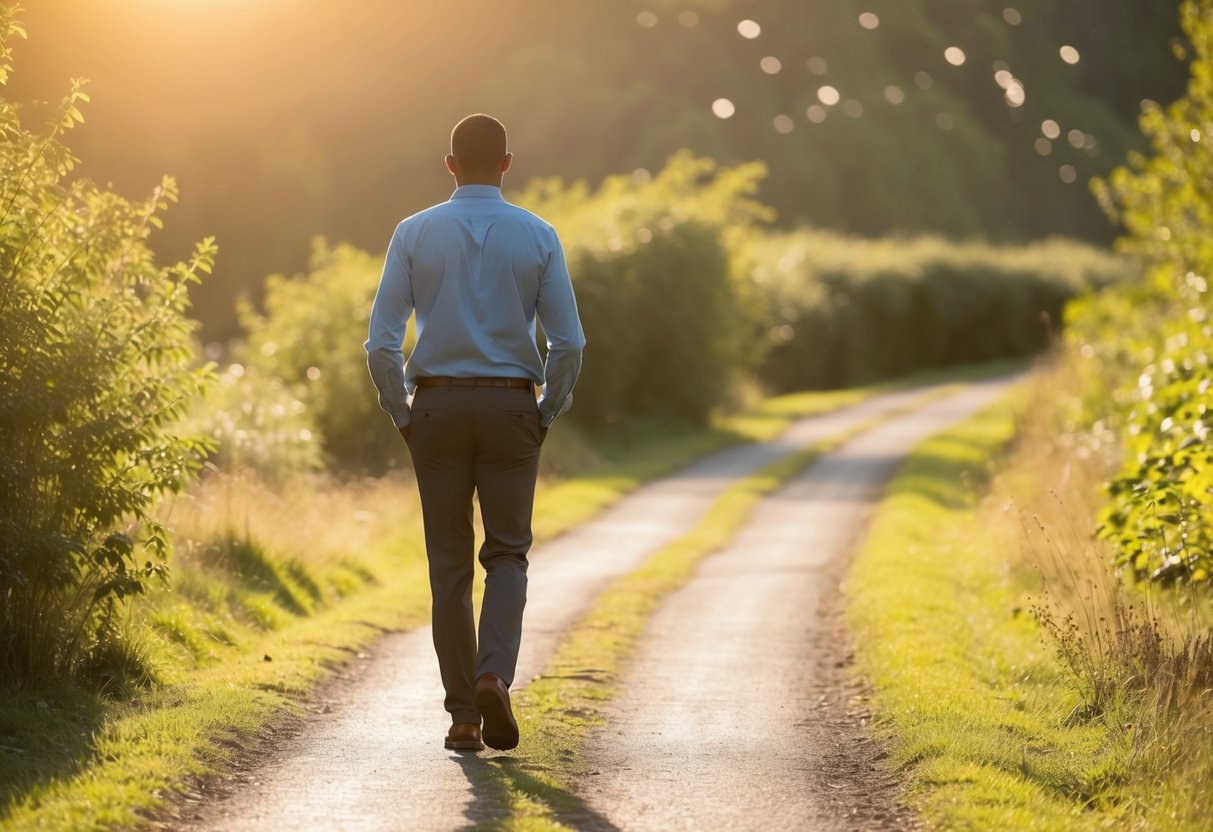 A lone figure walks down a sunlit path, surrounded by nature, deep in thought