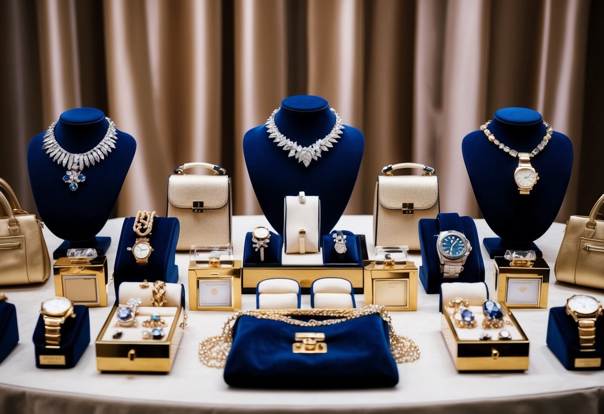 A luxurious, elegant table filled with sparkling jewelry, designer handbags, and high-end watches displayed on a velvet backdrop