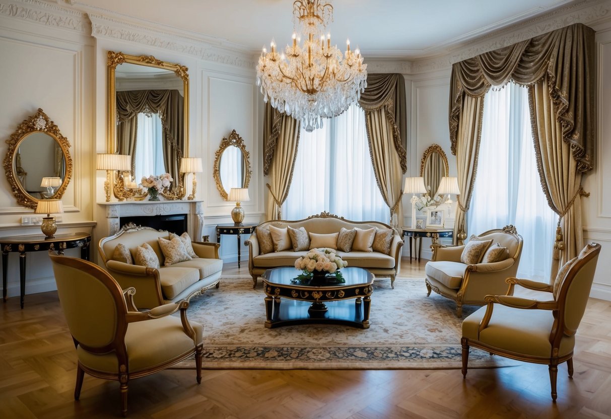 A luxurious living room with classic furniture, ornate decor, and opulent accessories like crystal chandeliers and gold-trimmed mirrors