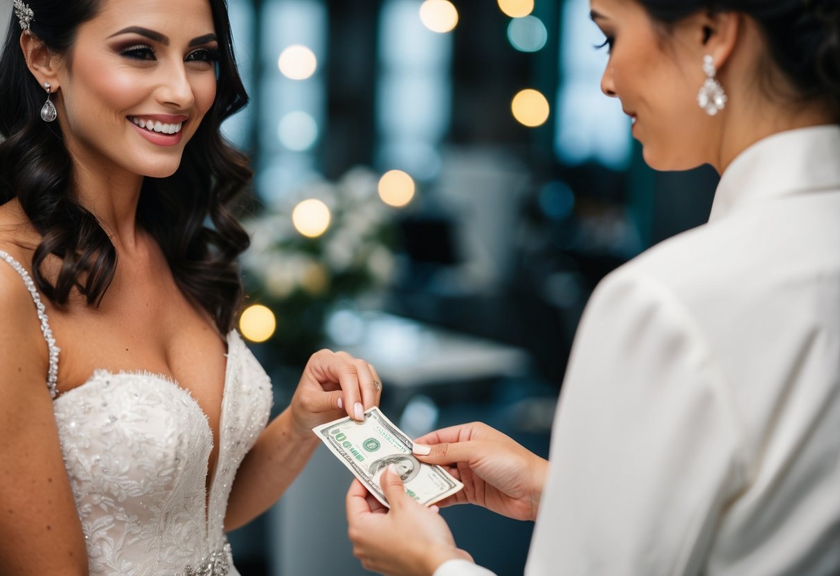 A bride placing money in an envelope for a stylist