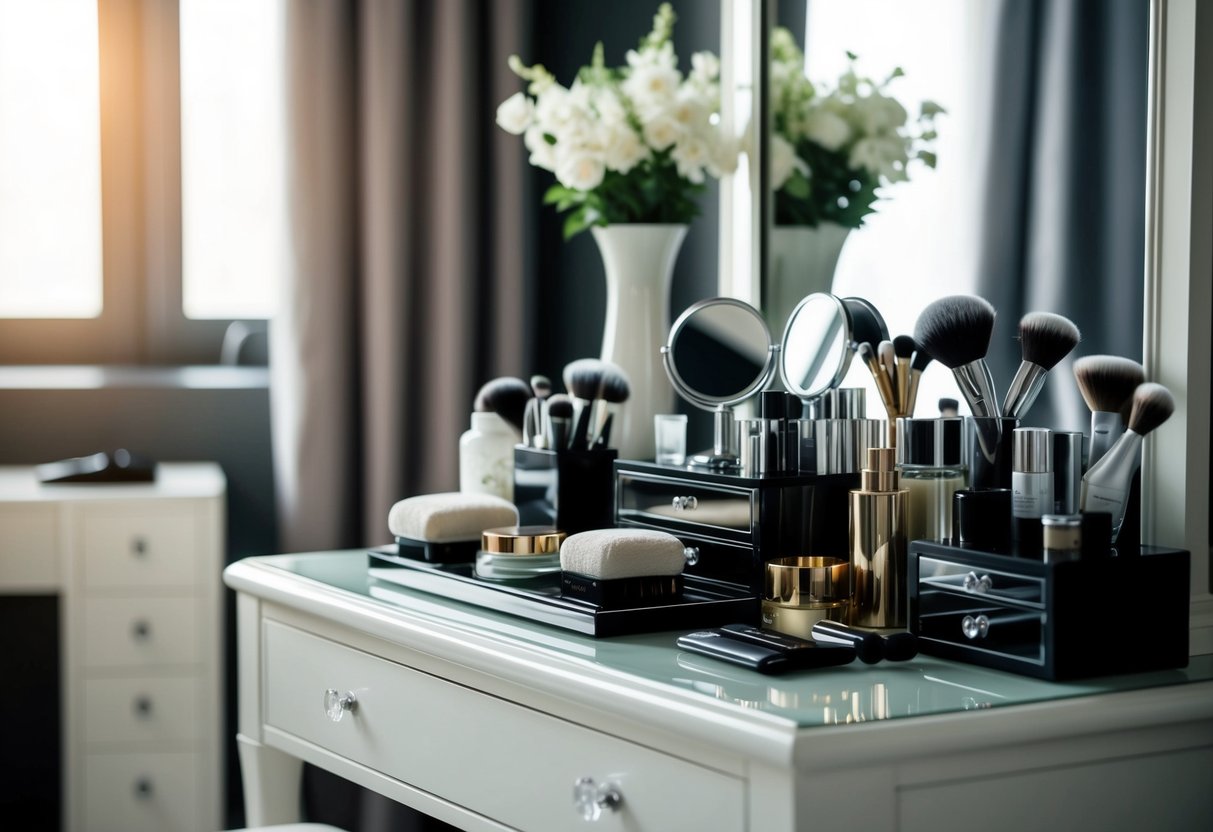 A luxurious vanity table with high-end accessories and grooming tools arranged in an elegant manner