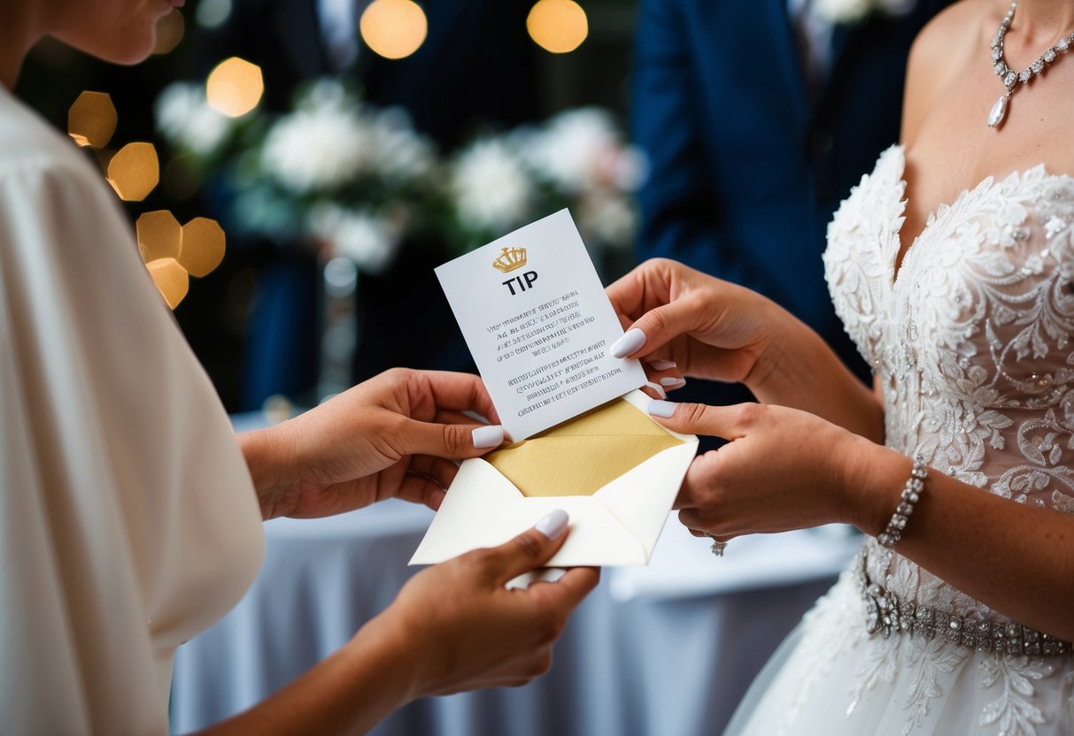 A bride placing a generous tip in an envelope for her wedding stylist