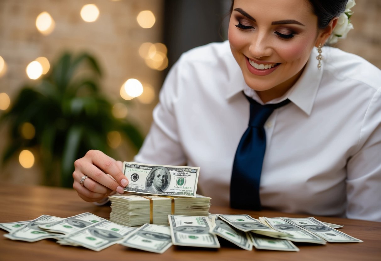 A wedding planner counting a stack of money with a satisfied expression on their face
