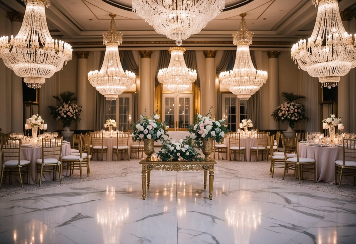 A grand ballroom with crystal chandeliers, gold-trimmed furniture, and a marble dance floor, adorned with floral arrangements and soft candlelight