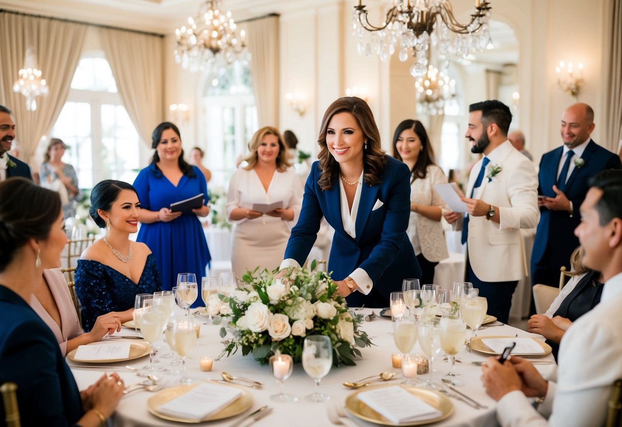 A wedding planner surrounded by elegant decor, coordinating with vendors, and managing a bustling event